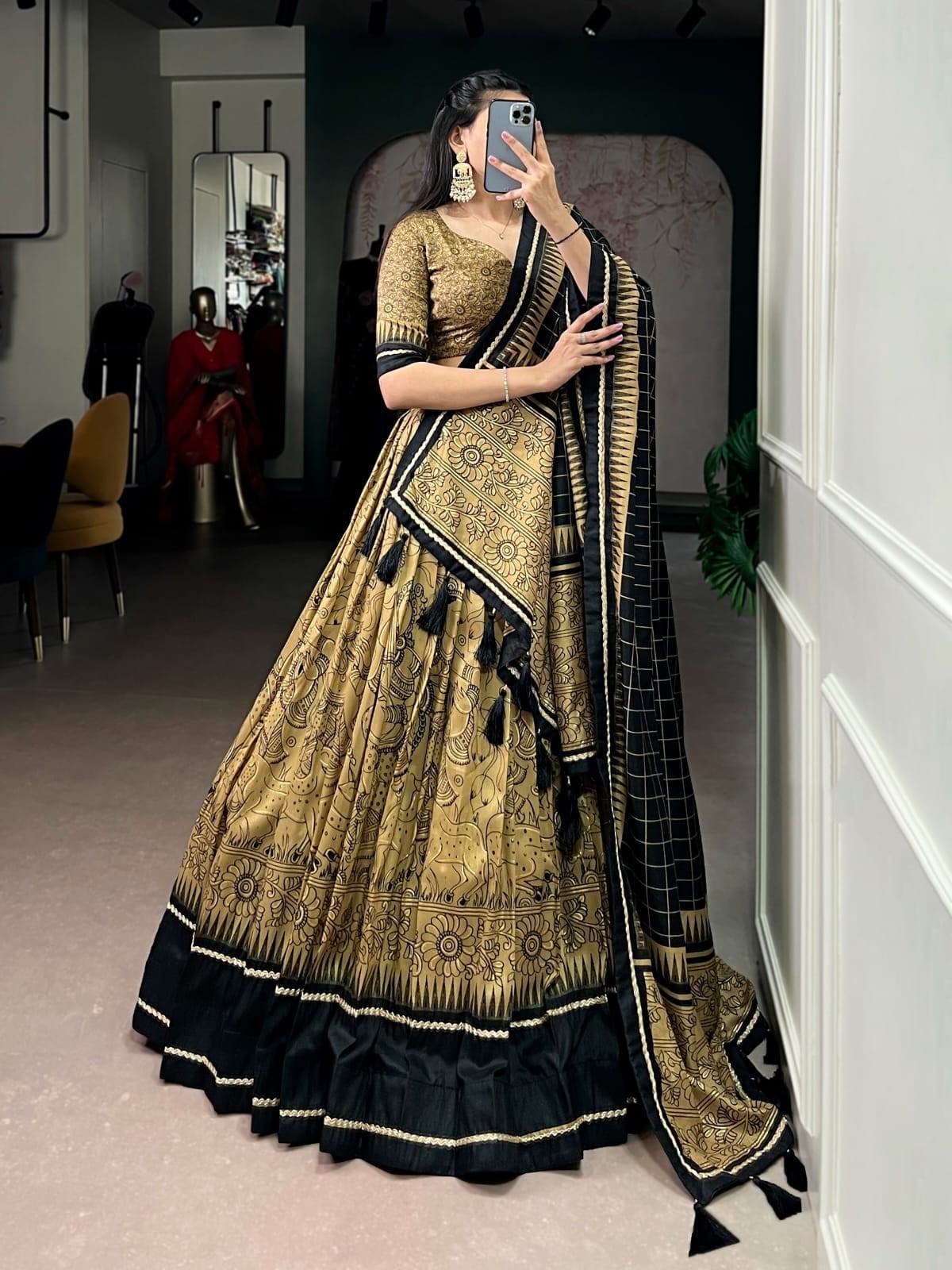 Tasar Silk Kalamkari Printed Lehenga with Lace Border & Tassel Dupatta